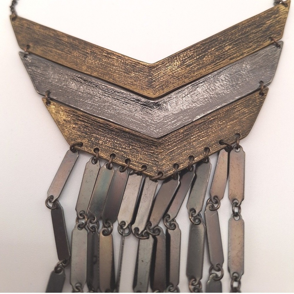 Chevron plate fringe bib chocker necklace statement bars curb chain bo ho chic